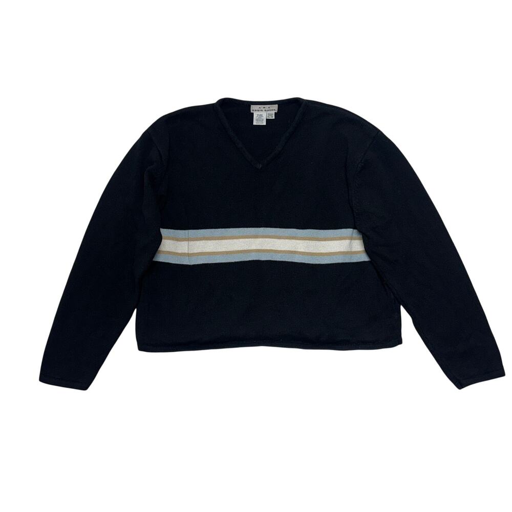 Vintage AKA Eddie Bauer Sweater XL Womens Black Striped Knit Cropped Made in USA